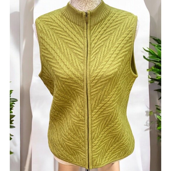 Coldwater Creek Boiled Wool Zip Sweater Vest M Green Chevron Textured VTG Style - Picture 2 of 14
